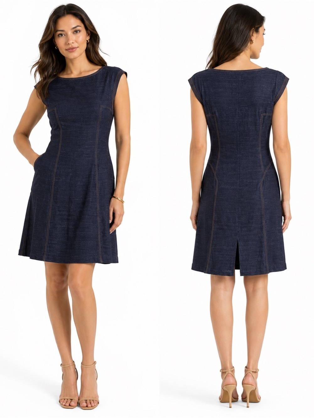 Diane von Furstenberg DVF Indigo Contrast Stitch Cap Sleeve A-Line Dress Sz 10